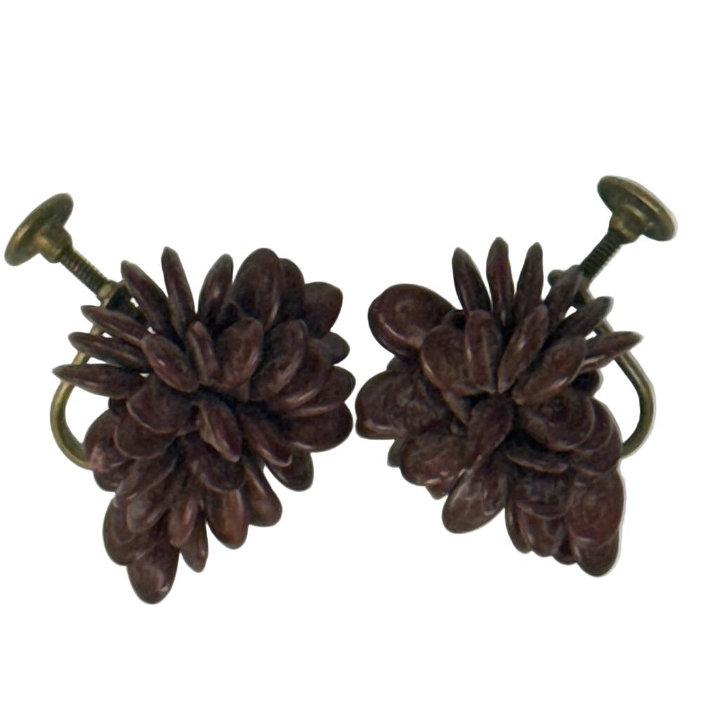 Vintage 50s Screw Back Earrings Brown Seed Cluster MCM
